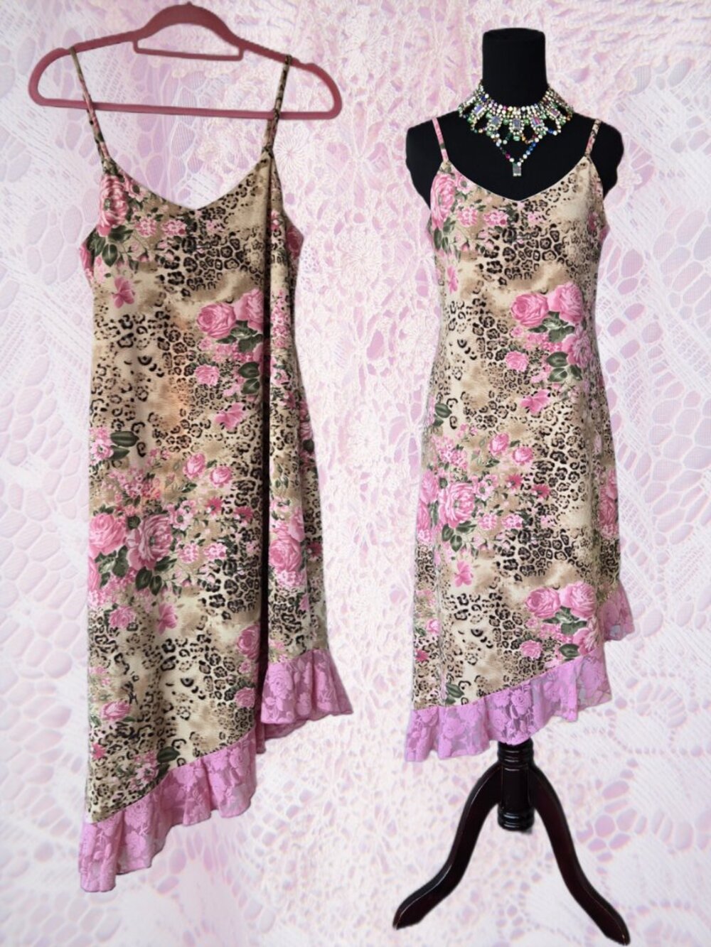 Whimsical Vintage Y2k Strapless Asymmetric Dress Pink Roses and Leopard Print